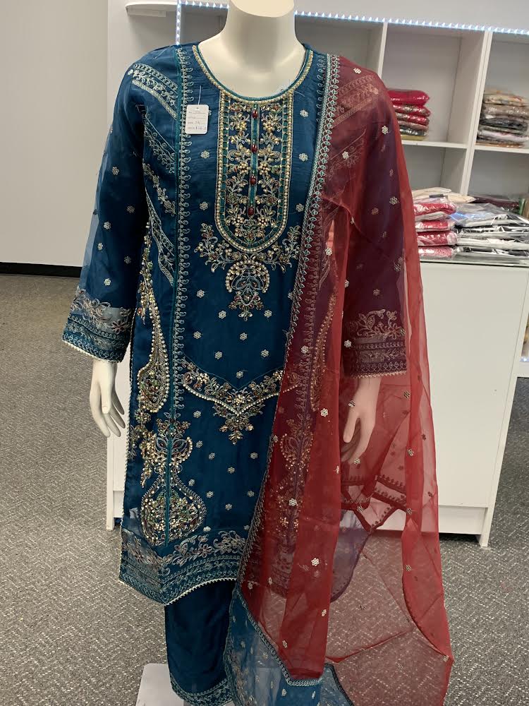 Blue chiffon heavy embroidered Kurta