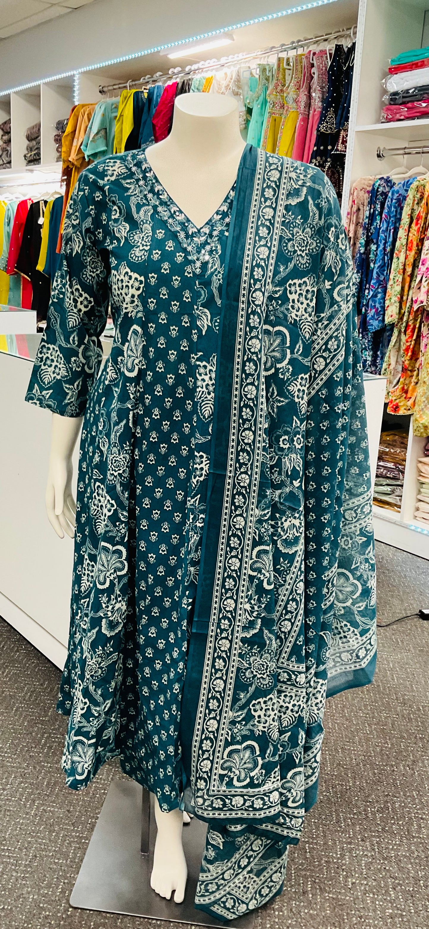 Blue Cotton Anarkali with white patterns