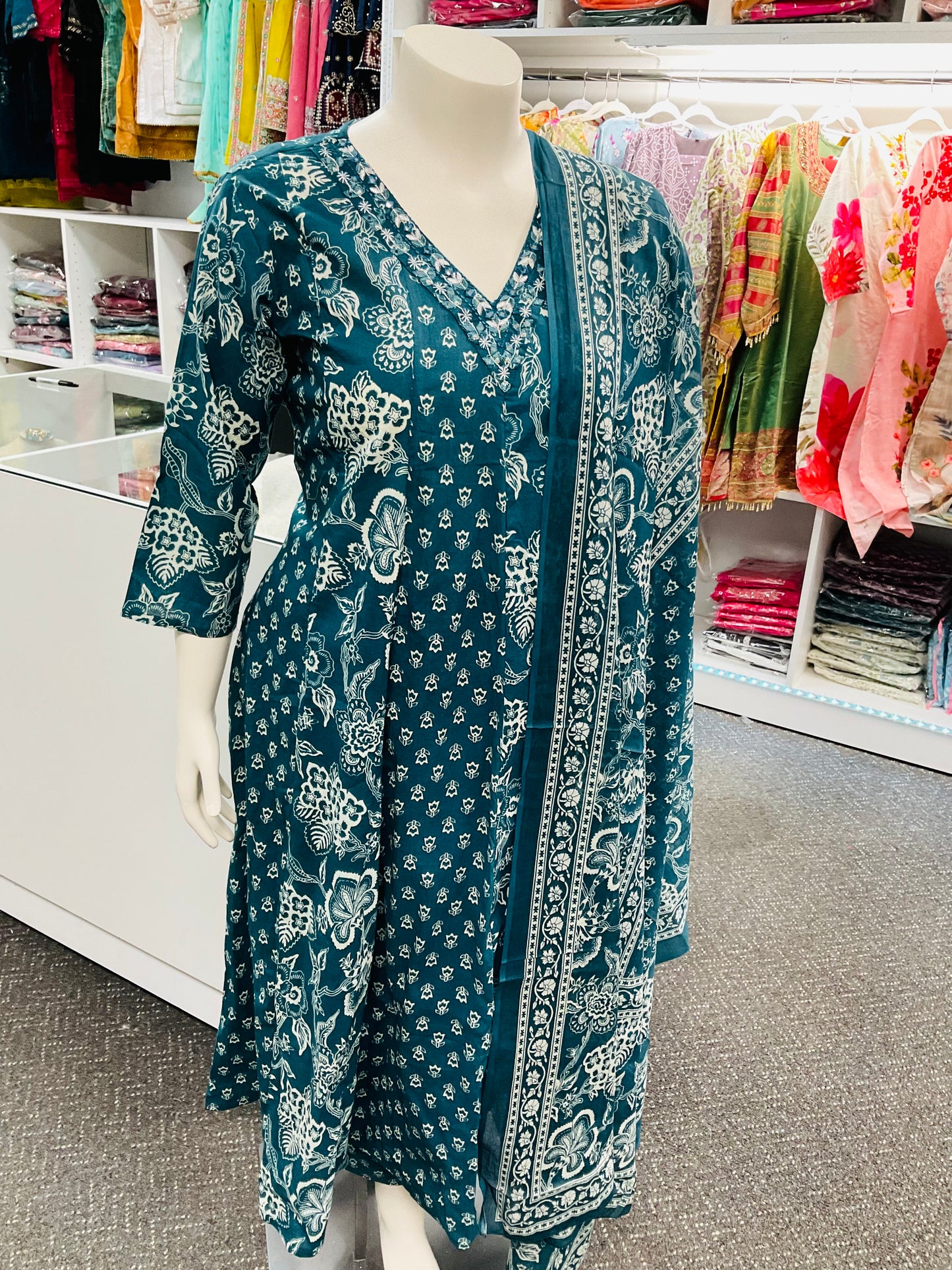 Blue Cotton Anarkali with white patterns