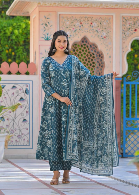 Blue Cotton Anarkali with white patterns