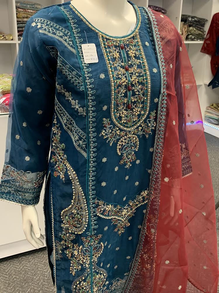 Blue chiffon heavy embroidered Kurta