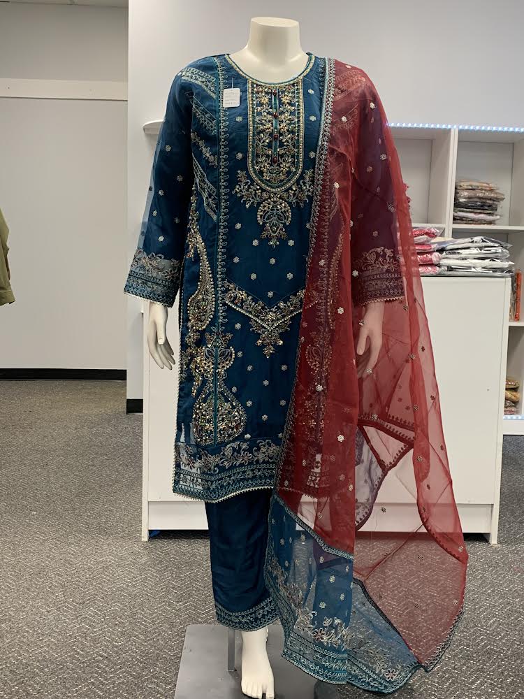 Blue chiffon heavy embroidered Kurta
